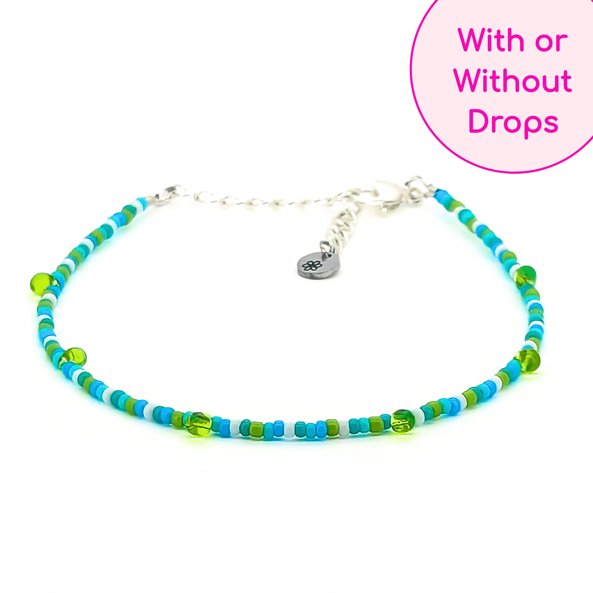 Dainty Anklet - Green, Blue, White w/ Green Drop Beads