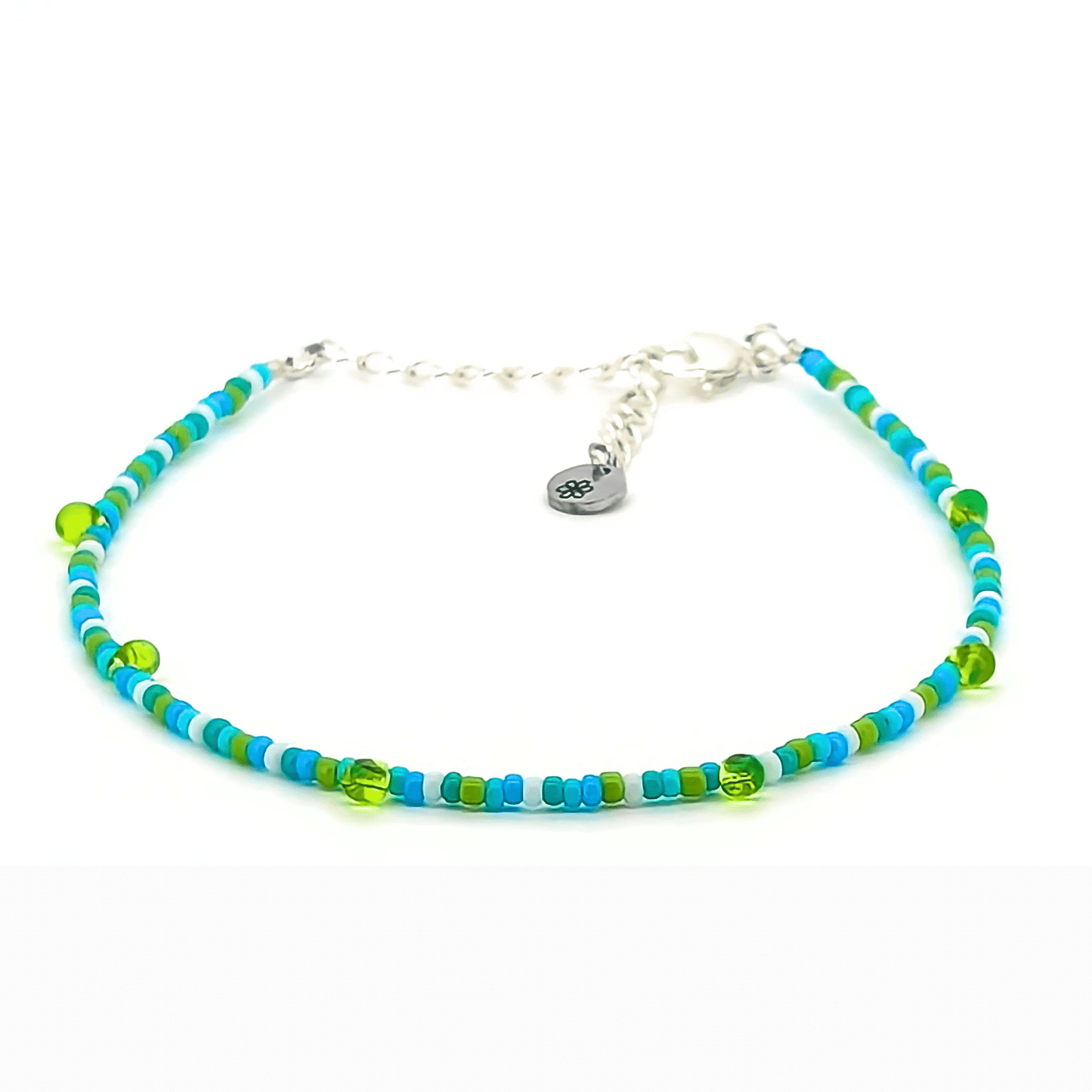 Dainty Anklet - Green, Blue, White w/ Green Drop Beads