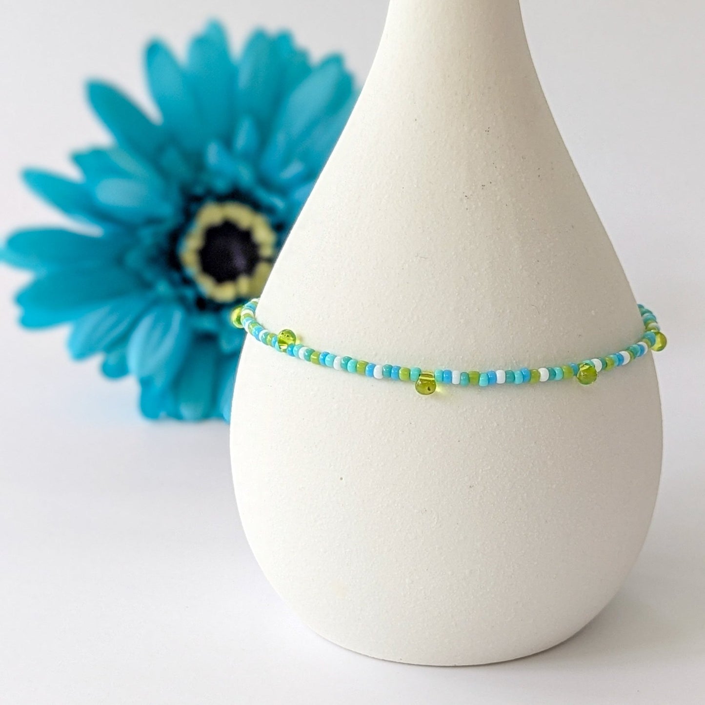 Dainty Anklet - Green, Blue, White w/ Green Drop Beads