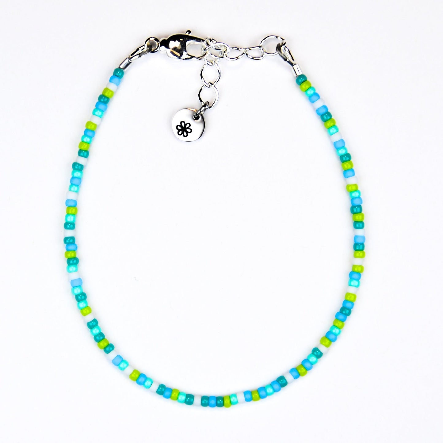 Dainty Anklet - Green, Blue, White w/ Green Drop Beads
