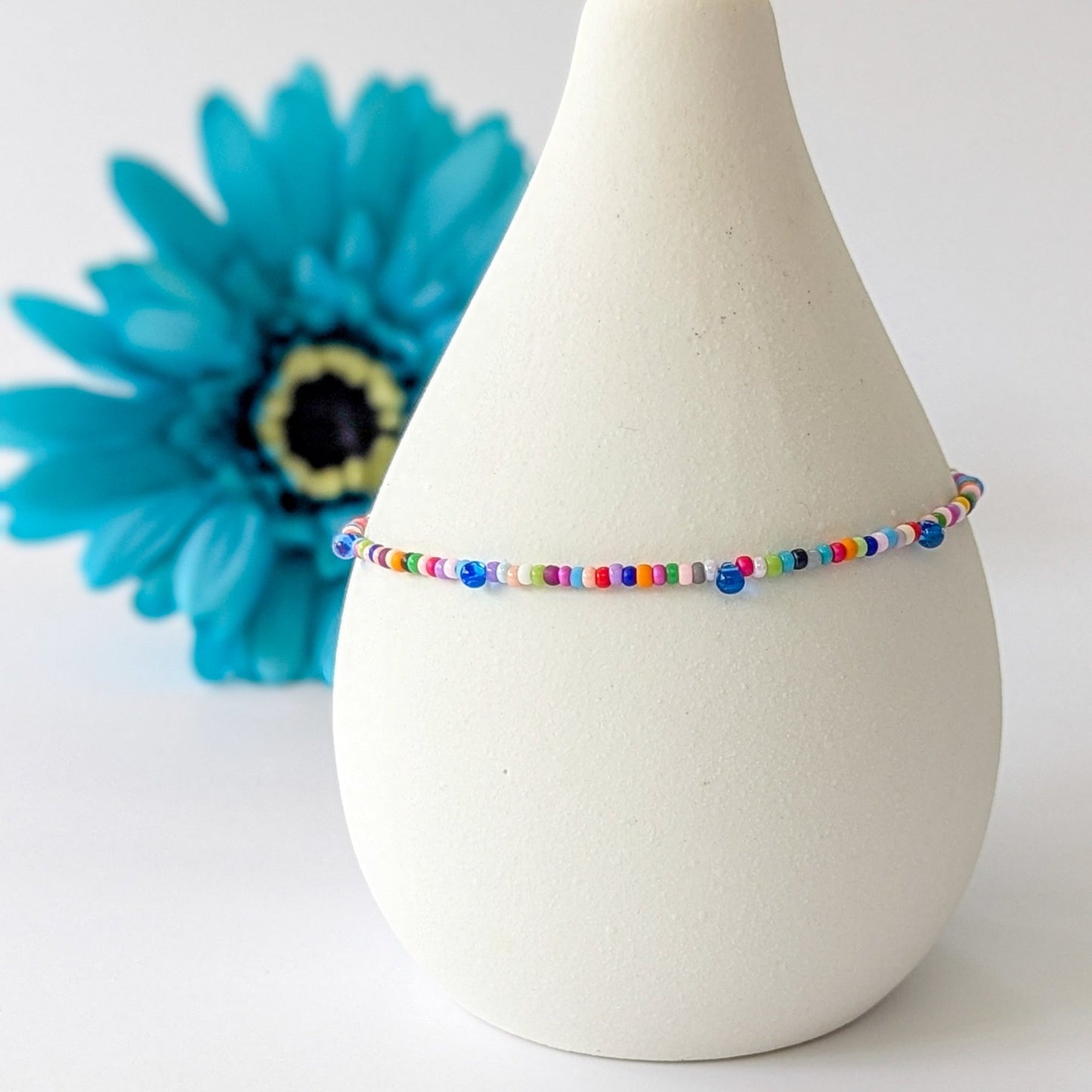 Dainty Anklet - Multi Colored Confetti w/ Blue Drop Beads