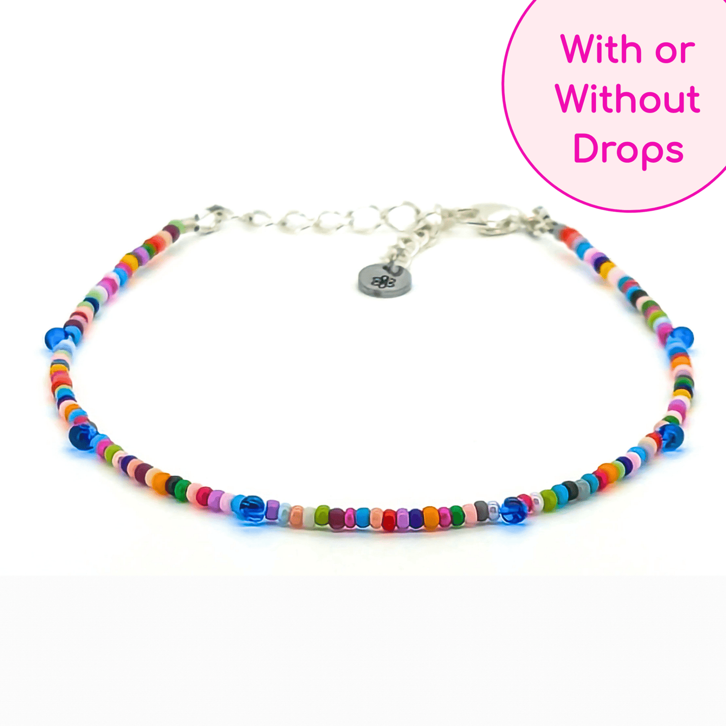 Dainty Anklet - Multi Colored Confetti w/ Blue Drop Beads