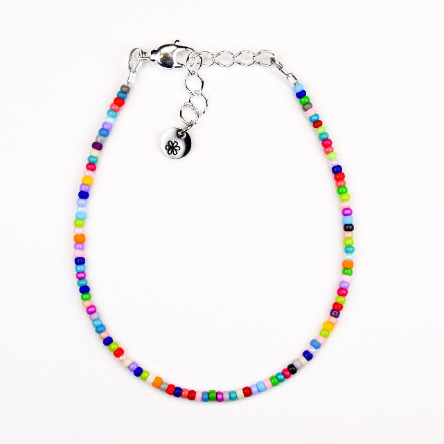 Dainty Anklet - Multi Colored Confetti w/ Blue Drop Beads