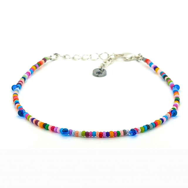 Dainty Anklet - Multi Colored Confetti w/ Blue Drop Beads