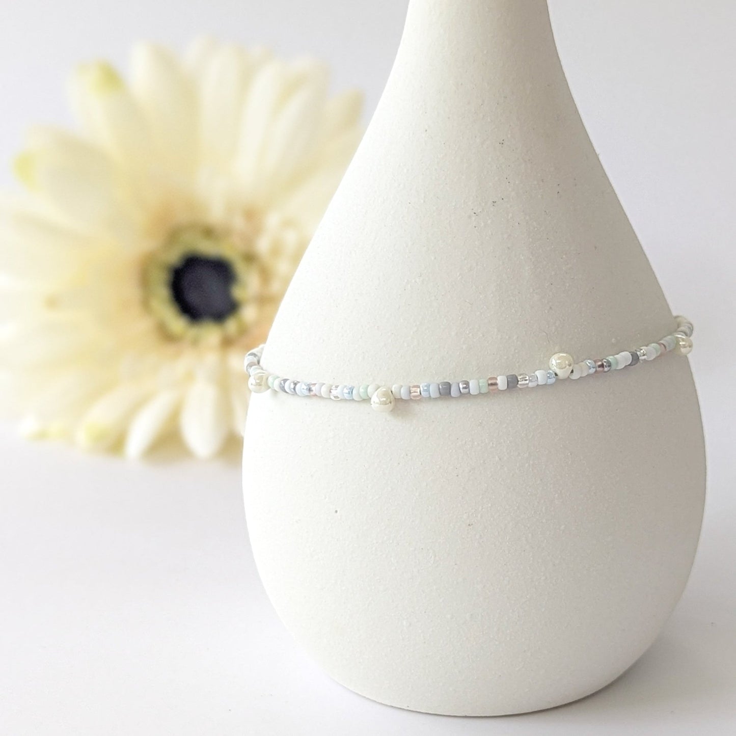 Dainty Anklet - Pale Blue, White, Silver w/ White Drop Beads