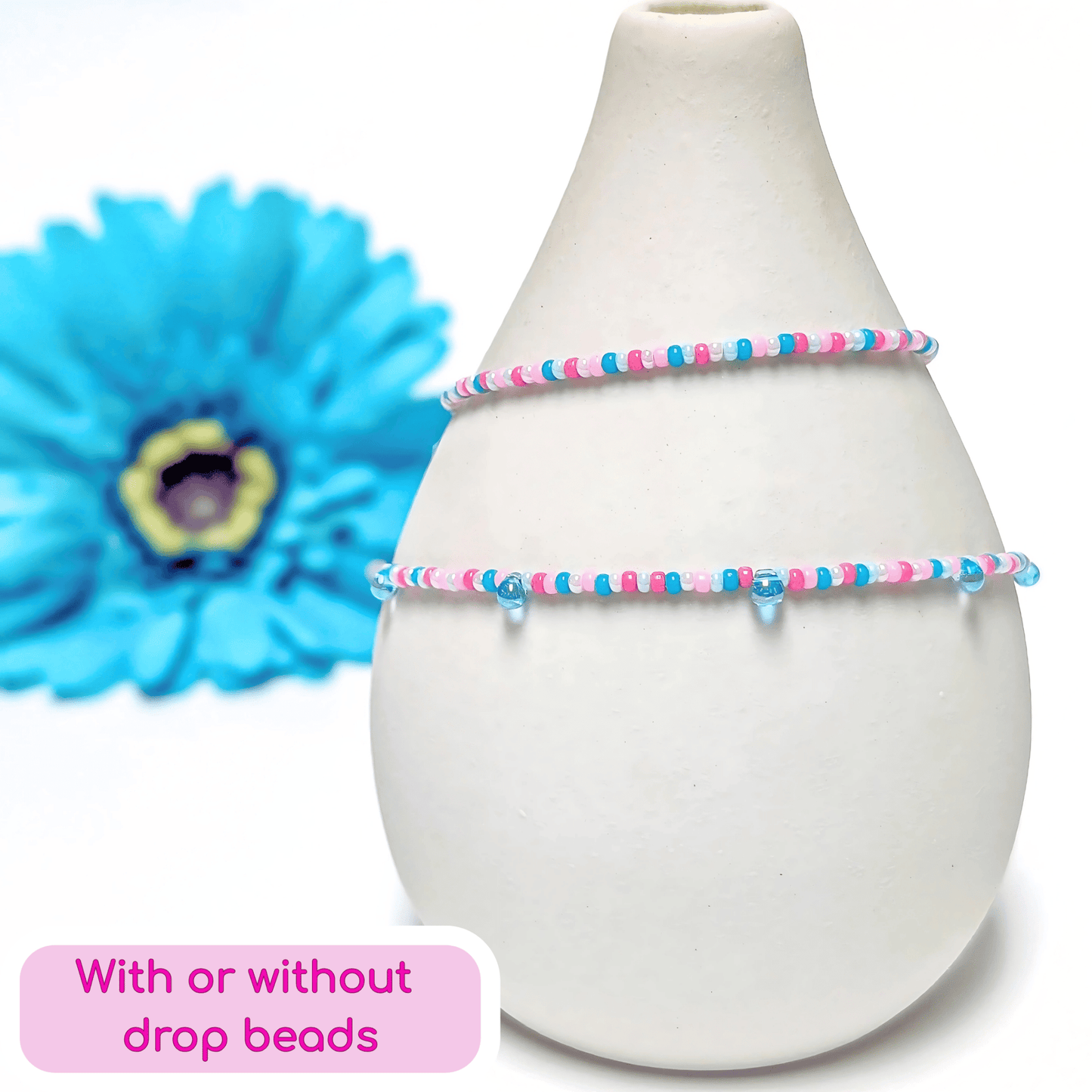Anklet - Pink and Blue with Drop Beads - creations by cherie