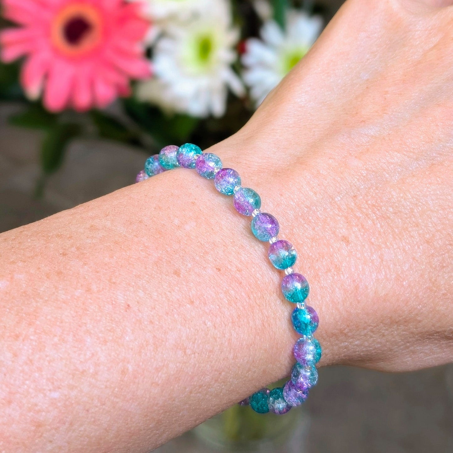 Crackle Bead Bracelet - Purple and Teal Blue