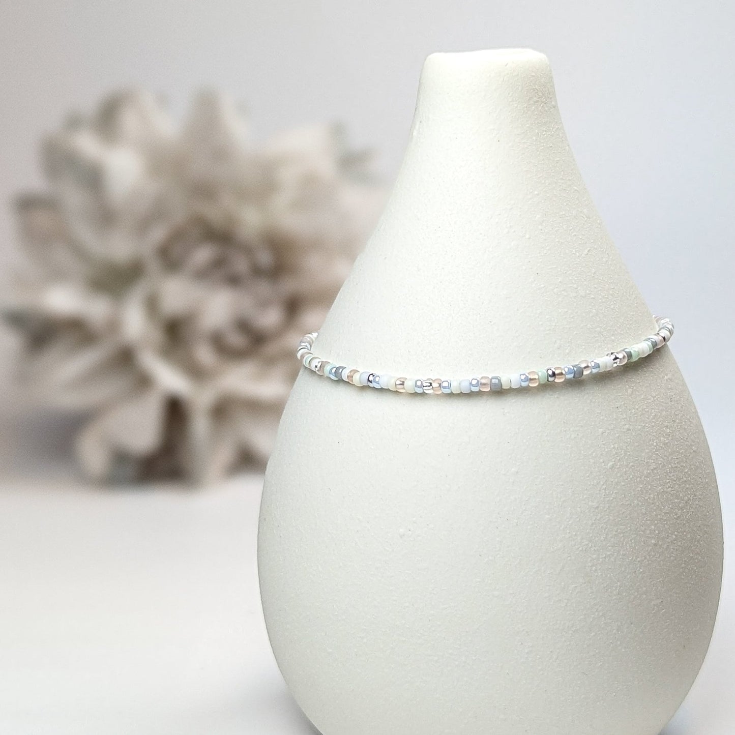 Dainty bracelet - Pale blue, white and silver seed bead bracelet