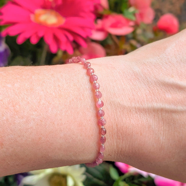 Dainty Gemstone Bracelet - October Birthstone - Pink Tourmaline in Silver