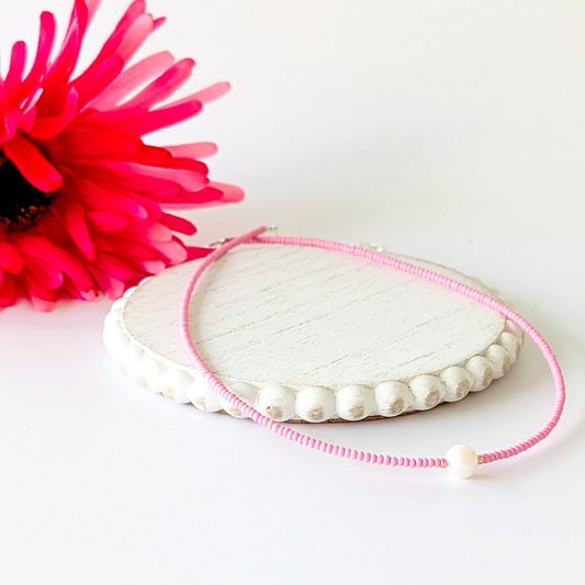 Single Pearl and Seed Bead Necklace - Pale Pink
