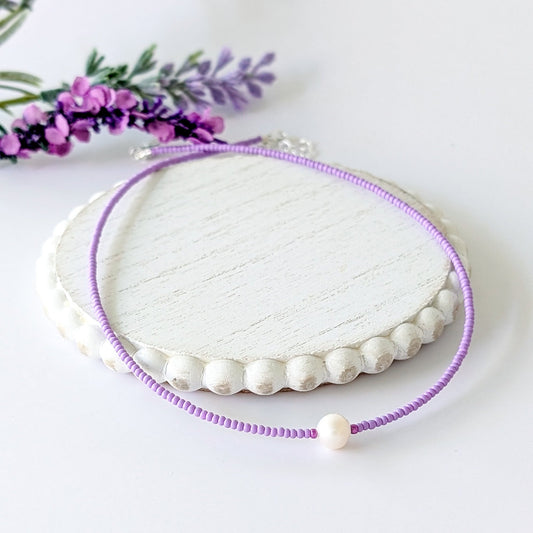 Single Pearl and Seed Bead Necklace - Pale Purple