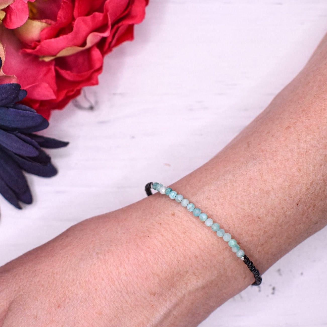 Amazonite and black glass bead handmade bracelet - creations by cherie