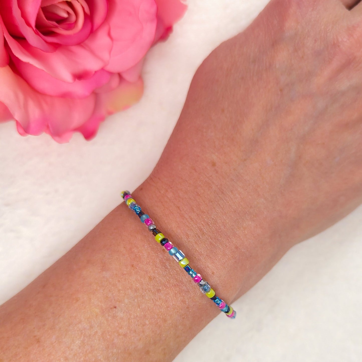 Assorted shaped glass seed beads - Blue, Pink and Green bracelet