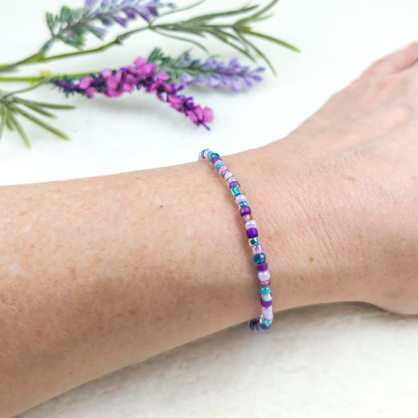 Assorted shaped glass seed beads - Light purple and teal bracelet