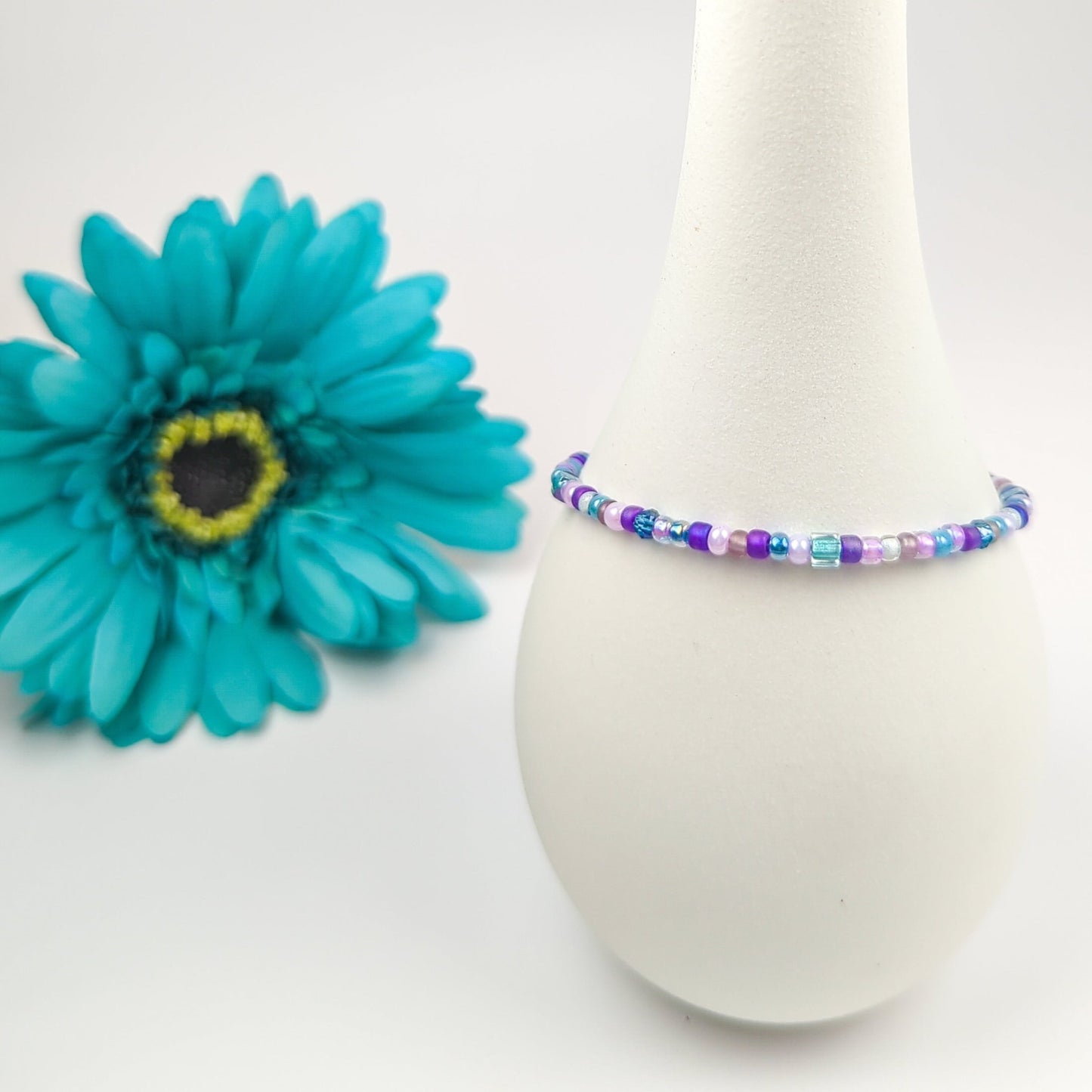 Assorted shaped glass seed beads - Light purple and teal bracelet