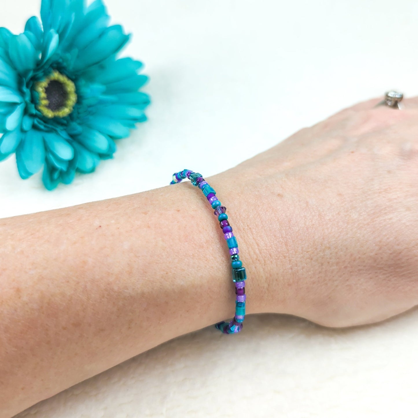 Assorted shaped glass seed beads - Purple and teal bracelet