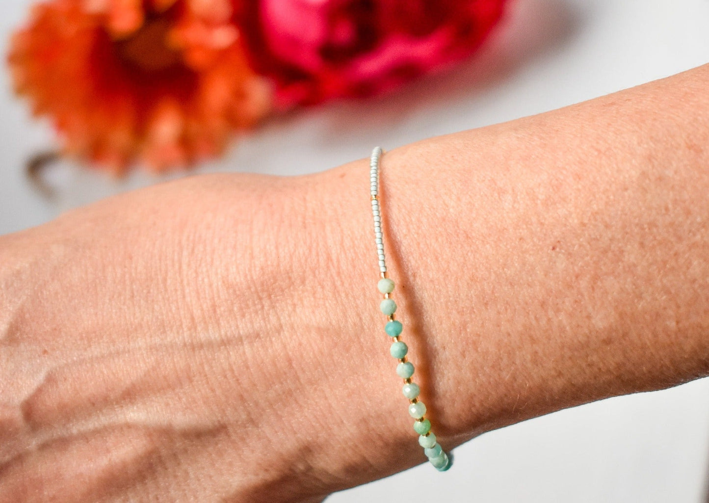 Asymmetrical amazonite and pale blue glass bead handmade bracelet - creations by cherie