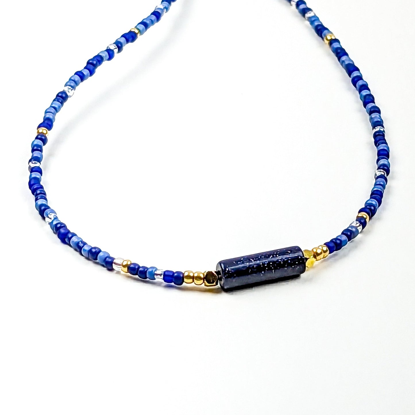 Blue glass bead handmade choker with blue sandstone bar focal - creations by cherie
