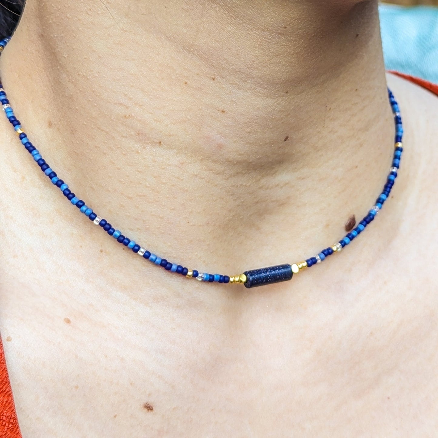 Blue glass bead handmade choker with blue sandstone bar focal - creations by cherie