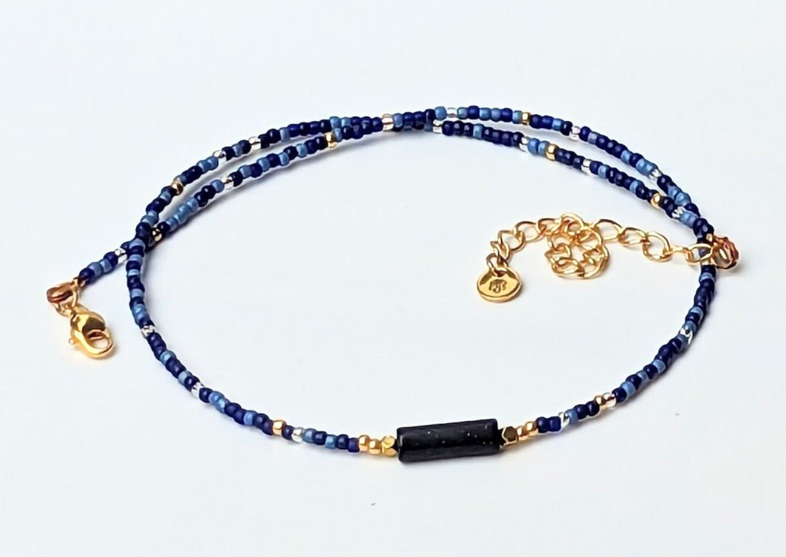 Blue glass bead handmade choker with blue sandstone bar focal - creations by cherie