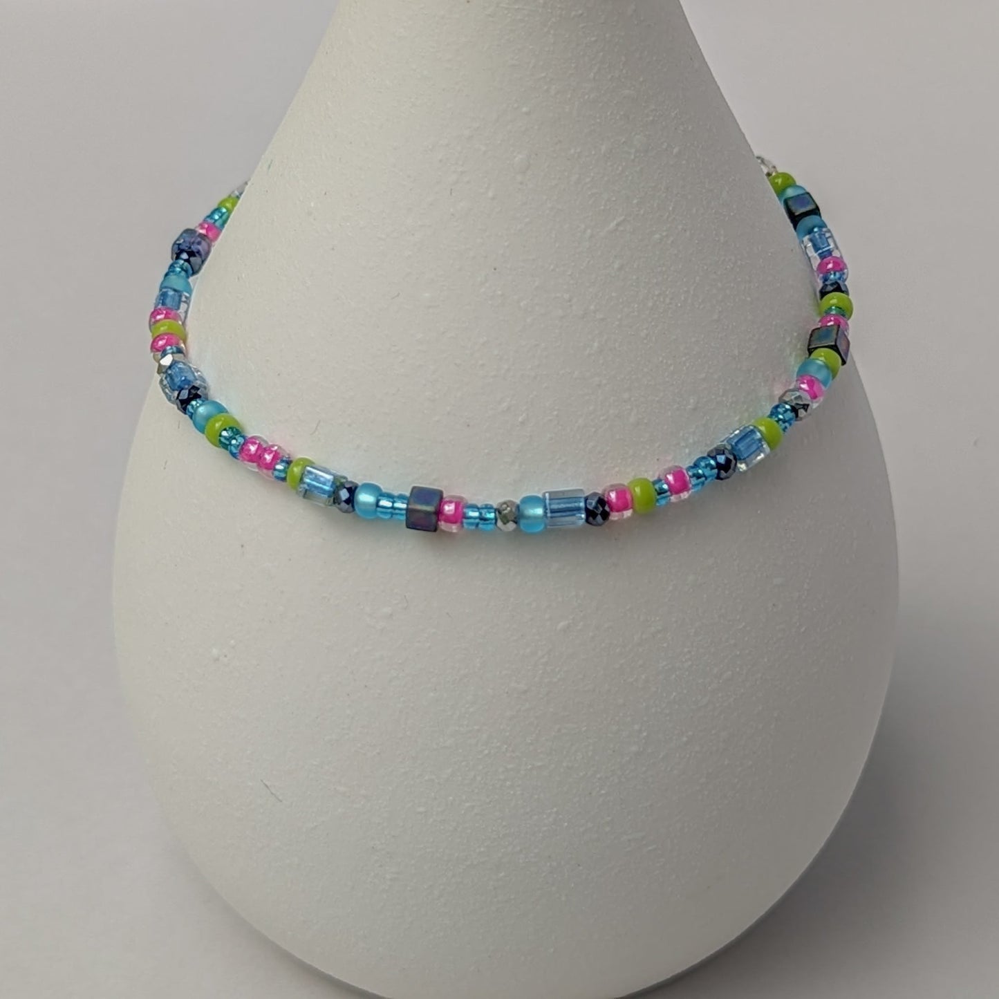 Assorted shaped glass seed beads - Blue, Pink and Green bracelet
