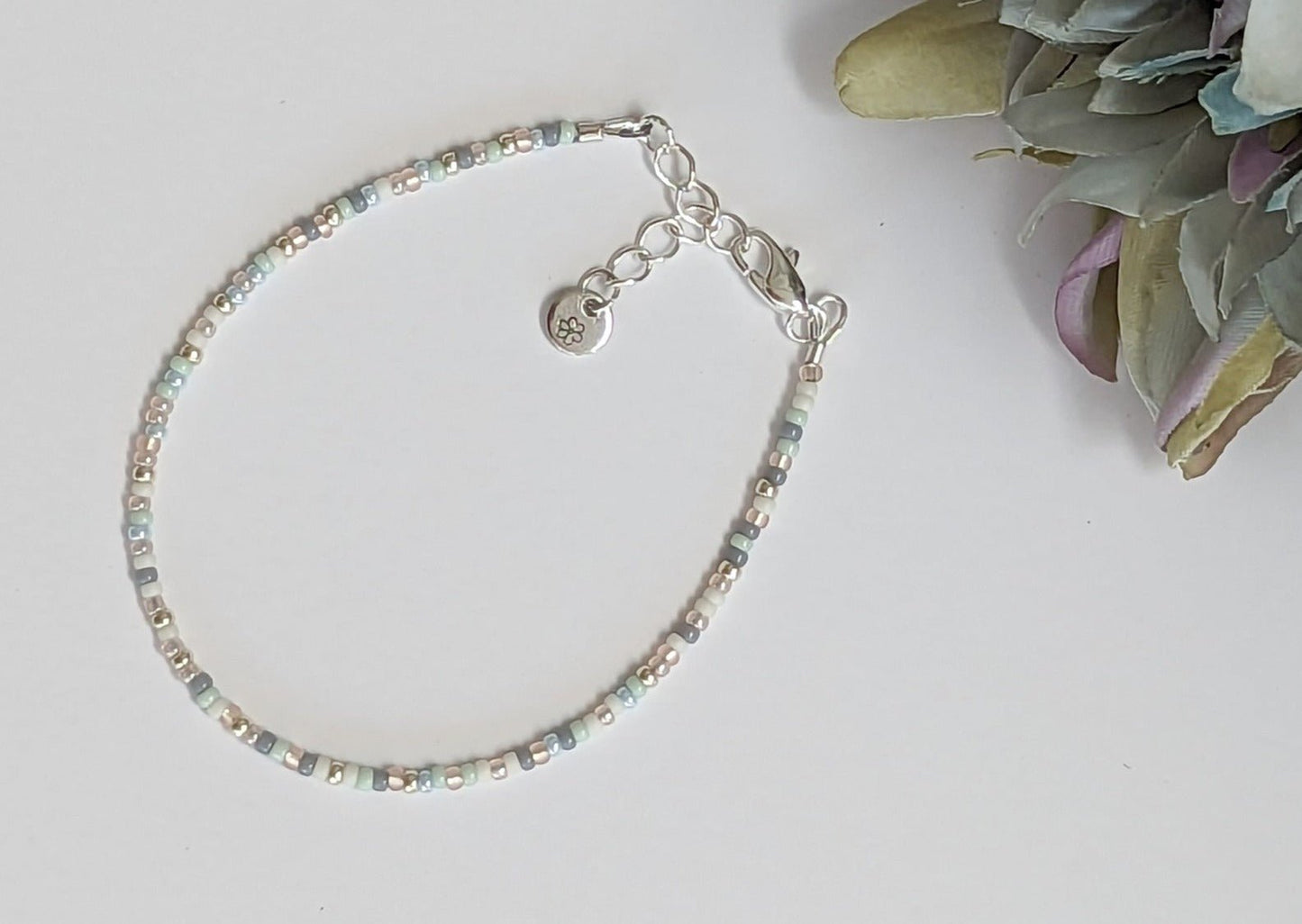 Dainty bracelet - Pale blue, white and silver seed bead bracelet - creations by cherie
