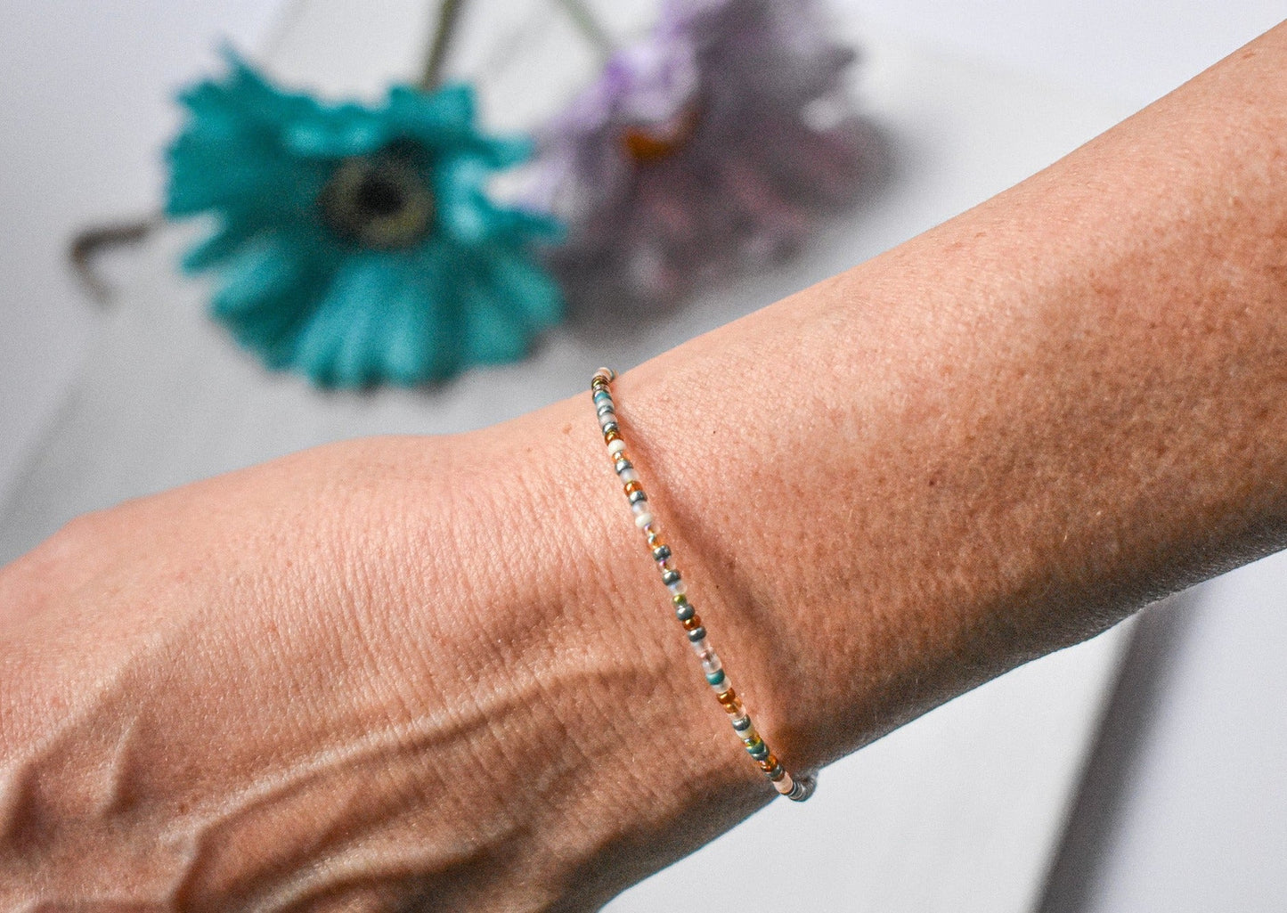Dainty bracelet - slate blue and gold glass beads - creations by cherie