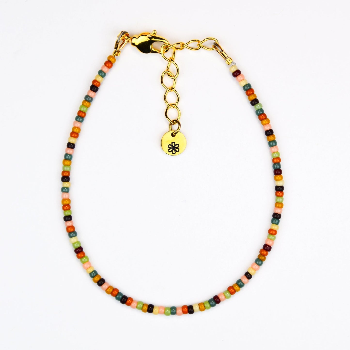 Dainty bracelet - tan, brown, blue and green glass seed beads