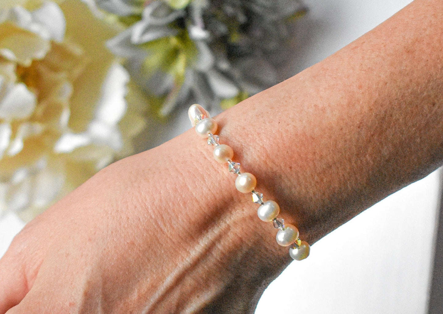Fresh water pearl and crystal bicone handmade bracelet - creations by cherie
