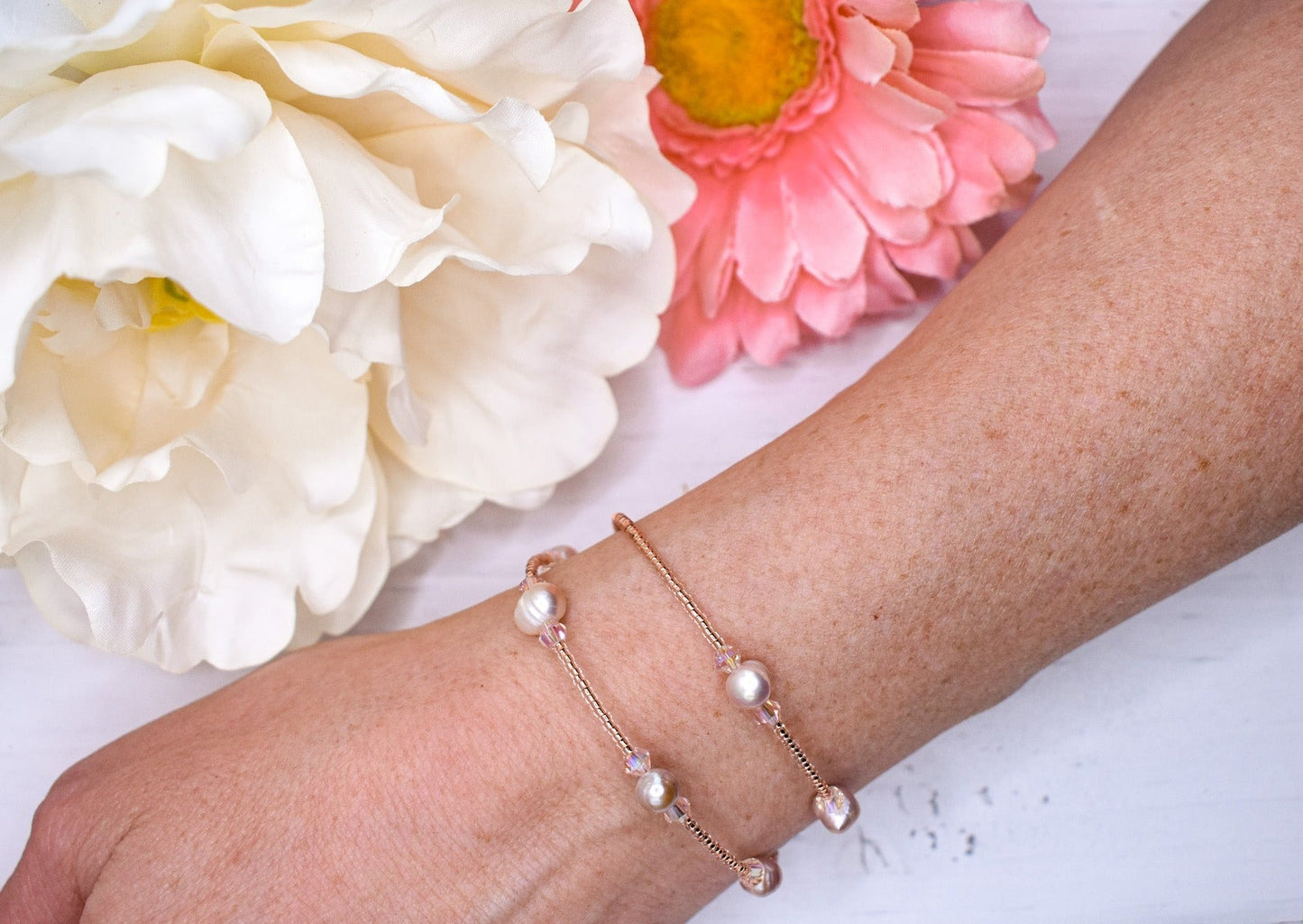 Fresh water pearl, bicone crystal and glass bead double wrap handmade bracelet - creations by cherie