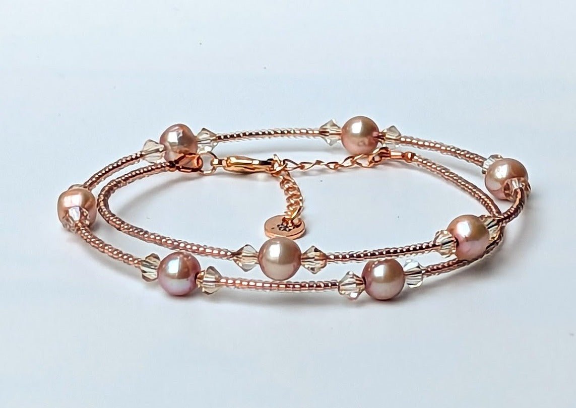 Fresh water pearl, bicone crystal and glass bead double wrap handmade bracelet - creations by cherie