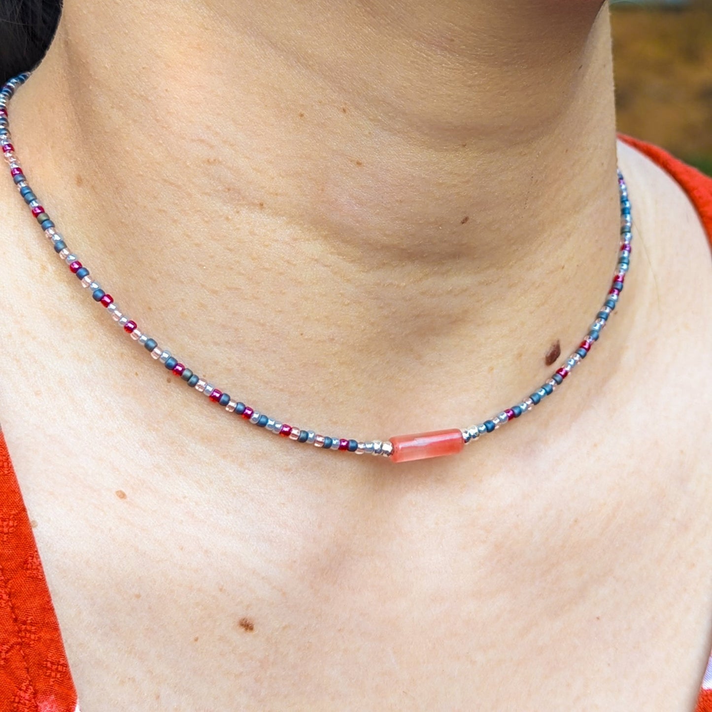 Gray and pink seed bead choker - creations by cherie