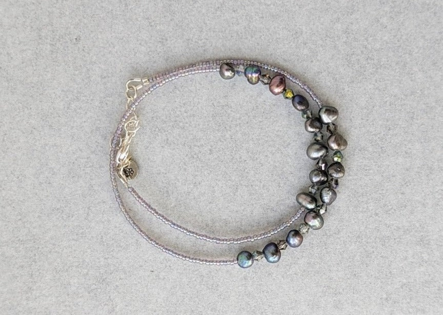 Gray fresh water pearl, crystal and glass bead double wrap handmade bracelet - creations by cherie