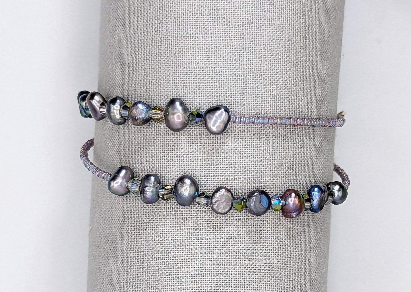 Gray fresh water pearl, crystal and glass bead double wrap handmade bracelet - creations by cherie