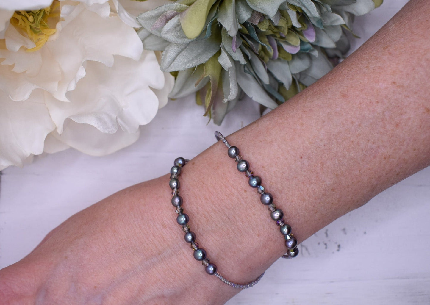 Gray fresh water pearl, crystal and glass bead double wrap handmade bracelet - creations by cherie