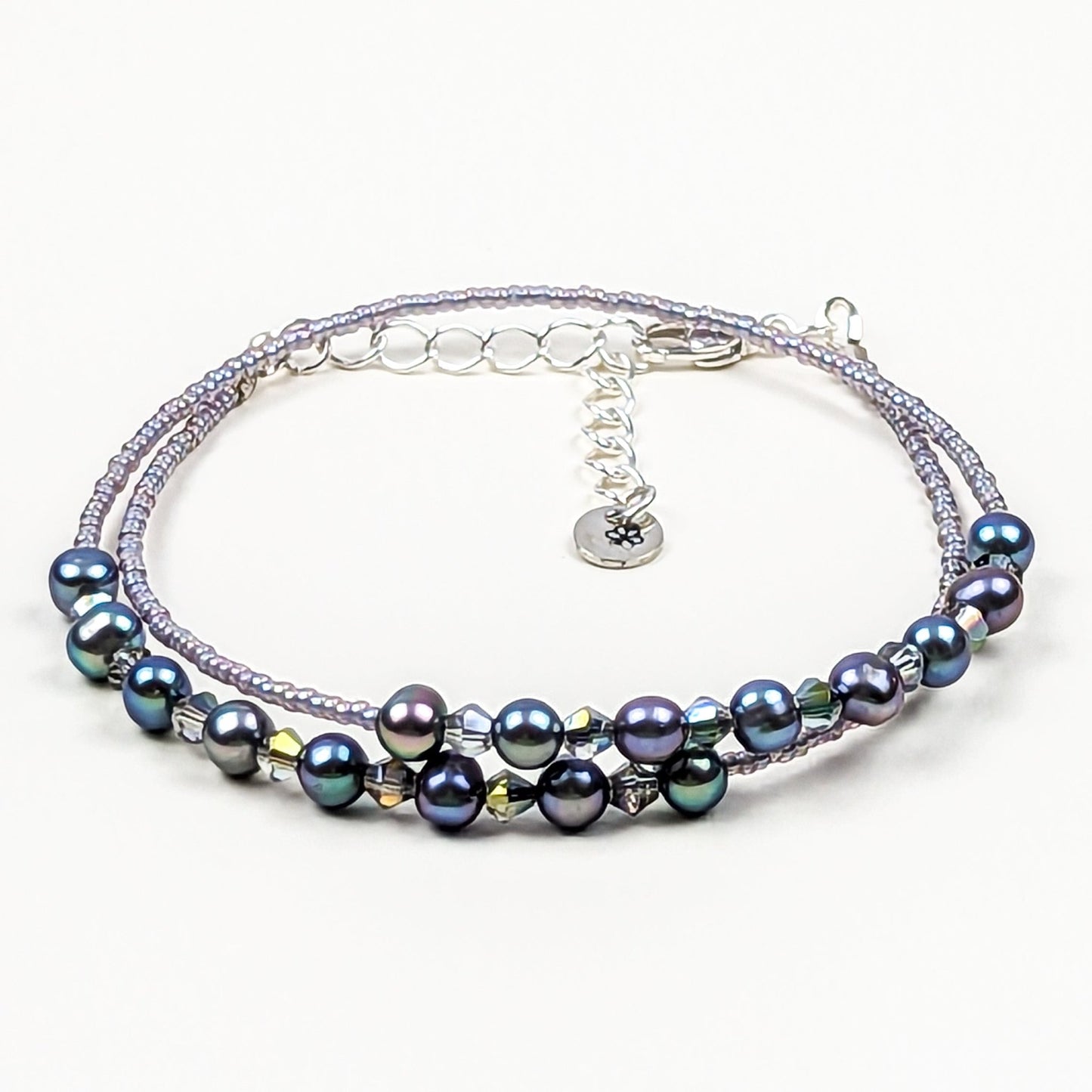 Gray fresh water pearl, crystal and glass bead double wrap handmade bracelet - creations by cherie
