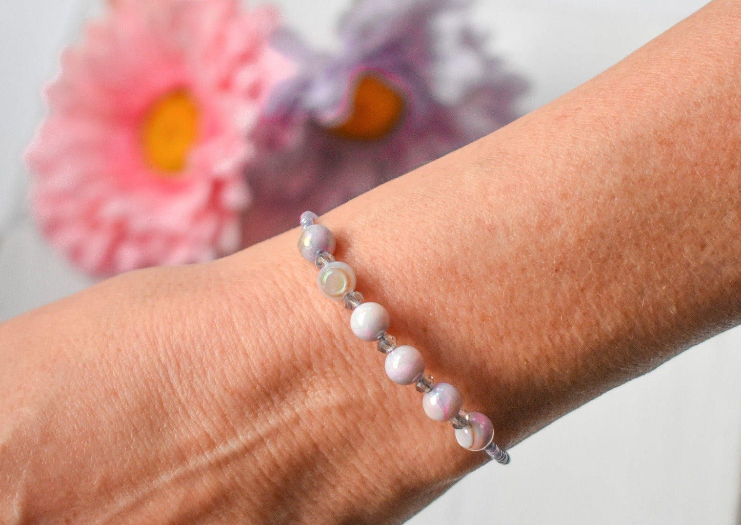 Lavender shell bead and clear crystal handmade bracelet - creations by cherie