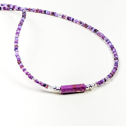 Purple seed bead and jasper bar choker