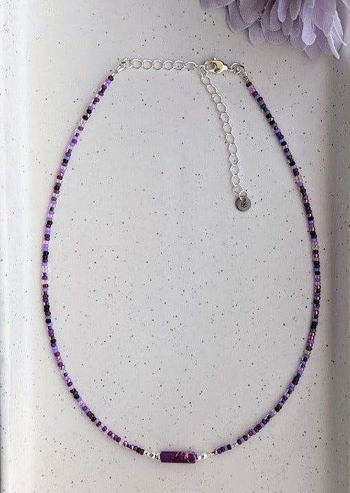 Purple seed bead and jasper bar choker