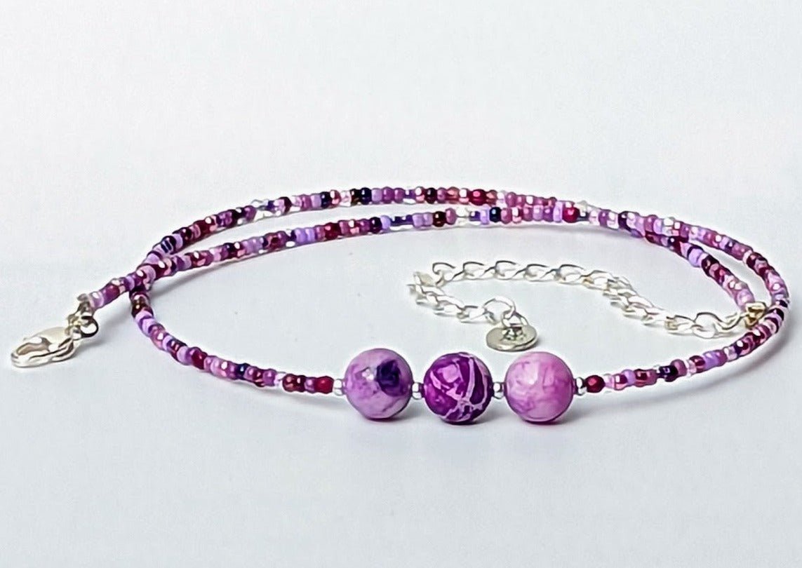 Purple seed bead and purple crazy lace agate focal beads choker - creations by cherie
