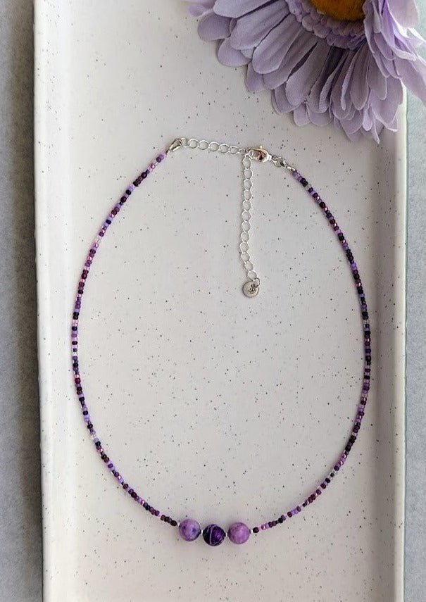 Purple seed bead and purple crazy lace agate focal beads choker - creations by cherie
