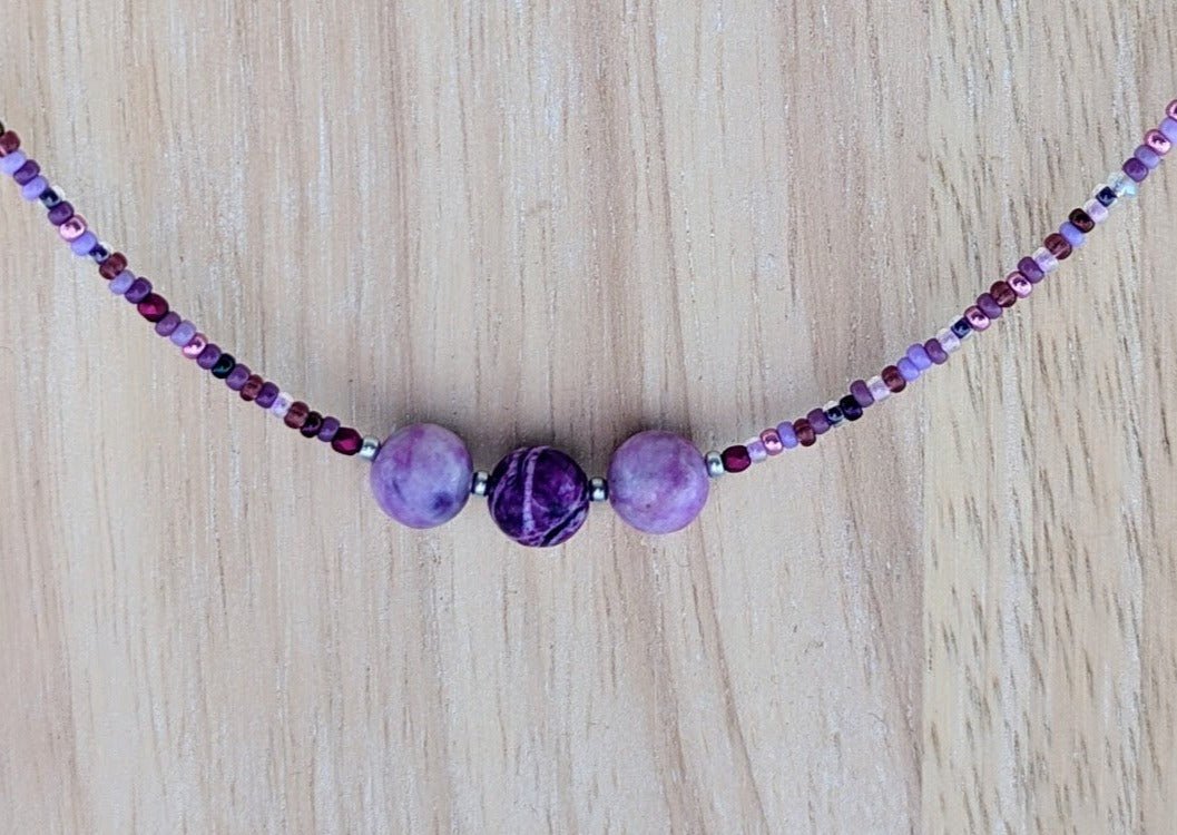 Purple seed bead and purple crazy lace agate focal beads choker - creations by cherie