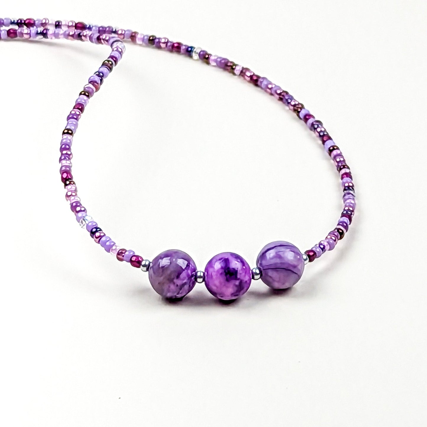 Purple seed bead and purple crazy lace agate focal beads choker - creations by cherie
