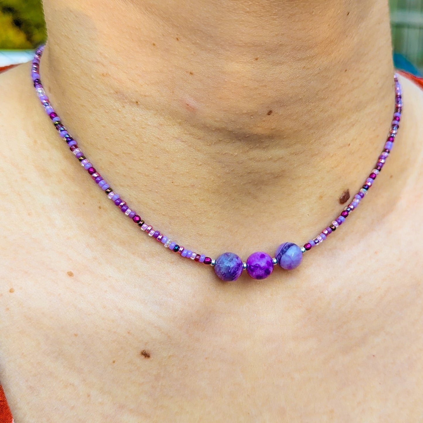 Purple seed bead and purple crazy lace agate focal beads choker - creations by cherie