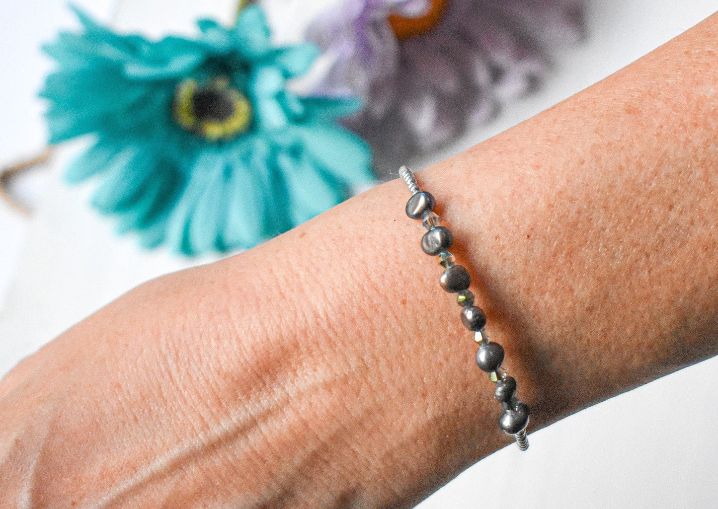 Silver fresh water pearls and crystal handmade bracelet - creations by cherie