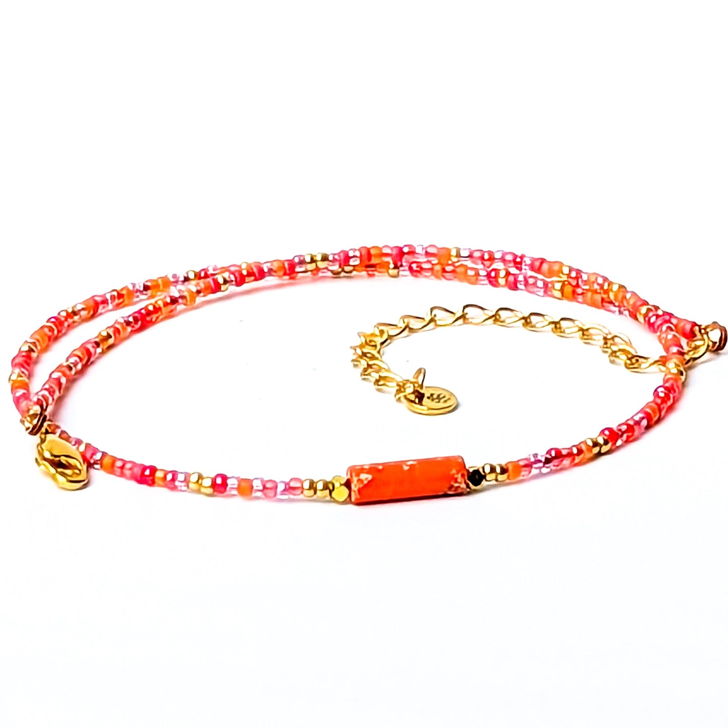 Tangerine and gold seed bead choker with jasper bar bead - creations by cherie