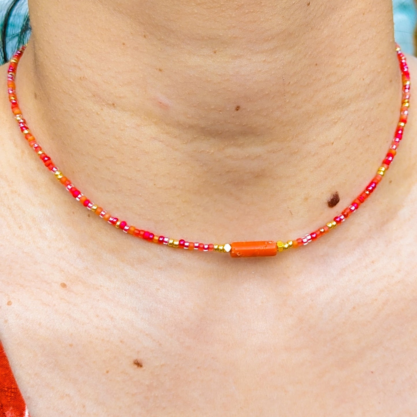Tangerine and gold seed bead choker with jasper bar bead - creations by cherie