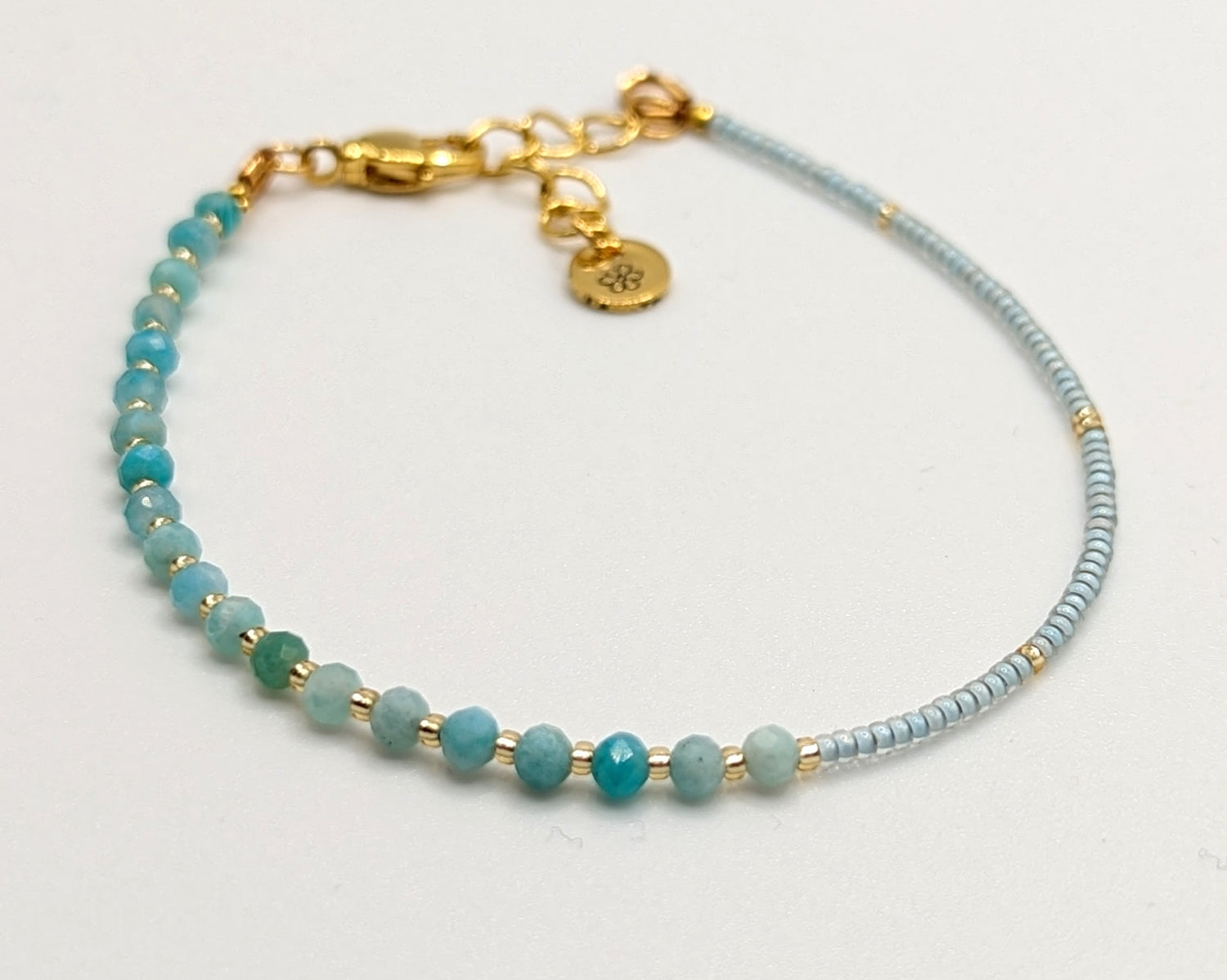 Asymmetrical amazonite and light blue glass seed bead bracelet