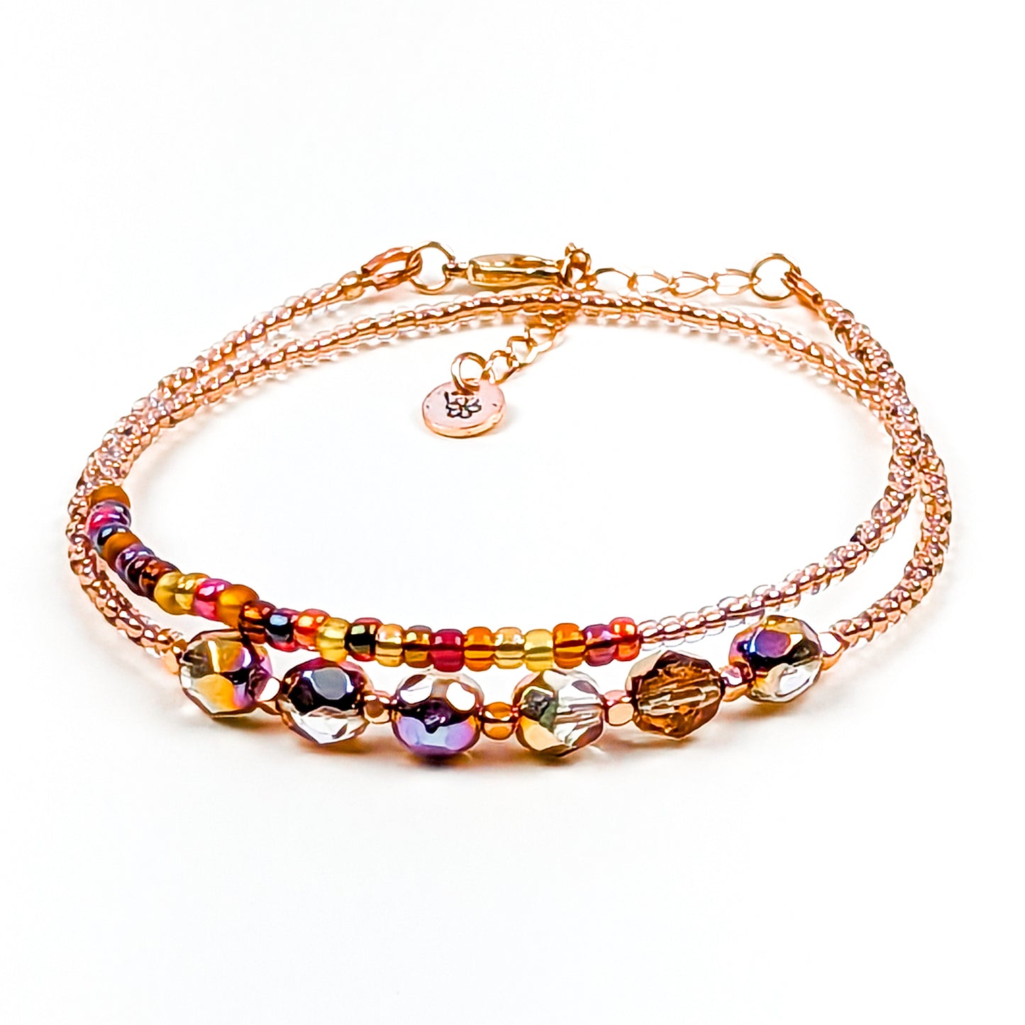 Copper colored fire polished beads and glass bead double wrap handmade bracelet