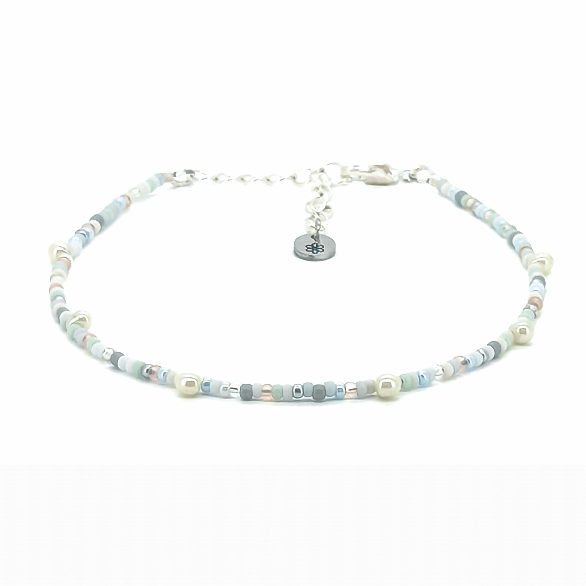 Dainty Anklet - Pale Blue, White, Silver w/ White Drop Beads